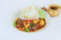 Stir fried seafood in thai red curry paste with rice and fried egg , Spicy Fried seafood , Curry fried shrimps and cooked rice in Royalty Free Stock Photo