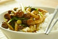 Stir fried shimeji mushroom with chicken topping on rice