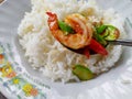 Stir Fried shrimp with bitter bean on spoon Royalty Free Stock Photo