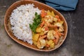 Stir-fried shrimp with curry powder and steamed rice. Thai food Royalty Free Stock Photo