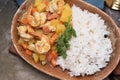 Stir-fried shrimp with curry powder and steamed rice. Thai food Royalty Free Stock Photo