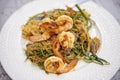 Stir fried shrimp prawn with rice vermicelli and vegetable water mimosa on white plate on the dining table food Royalty Free Stock Photo