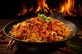 stir-fried spaghetti with shrimp and chilli on wooden table, Experience a flaming spice sensation with sizzling stir-fried noodles