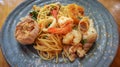 Stir-fried spicy seafood pasta Thai style Spaghetti Pad Kee Mao Talay Royalty Free Stock Photo