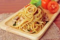 Stir-fried spicy spaghetti with chicken. Thai style