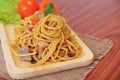 Stir-fried spicy spaghetti with chicken. Thai style