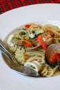 Stir fried spicy spaghetti with seafood