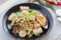 Stir-fried spicy spaghetti with seafoods or drunken spaghetti , Royalty Free Stock Photo