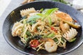 Stir-fried spicy spaghetti with seafoods or drunken spaghetti , Royalty Free Stock Photo