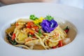 Stir-fried spicy spaghetti with seafoods Royalty Free Stock Photo