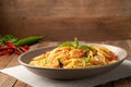 Stir fried spicy spaghetti with shrimp and basil,Pad Kra Pao kung