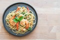 stir-fried spicy spaghetti with shrimp Royalty Free Stock Photo