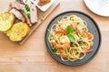 stir-fried spicy spaghetti with shrimp Royalty Free Stock Photo