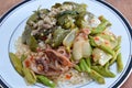 Stir-fried spicy squid with yard long bean and eggplant minced pork Royalty Free Stock Photo