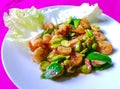 Stir fried Thai flat beans with shrimp and Shri paste.