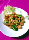 Stir fried Thai flat beans with shrimp and Shri paste.