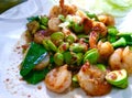 Stir fried Thai flat beans with shrimp and Shri paste.