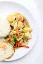 Stir Fried Tofu in Chinese Style,Deep Fried Tofu with Gravy Sauce ,Stir fried tofu with mixed vegetables in white plate on white