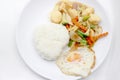 Stir Fried Tofu in Chinese Style,Deep Fried Tofu with Gravy Sauce ,Stir fried tofu with mixed vegetables in white plate on white Royalty Free Stock Photo