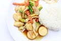 Stir Fried Tofu in Chinese Style,Deep Fried Tofu with Gravy Sauce ,Stir fried tofu with mixed vegetables in white plate on white Royalty Free Stock Photo