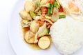 Stir Fried Tofu in Chinese Style,Deep Fried Tofu with Gravy Sauce ,Stir fried tofu with mixed vegetables in white plate on white Royalty Free Stock Photo