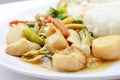 Stir Fried Tofu in Chinese Style,Deep Fried Tofu with Gravy Sauce ,Stir fried tofu with mixed vegetables in white plate on white Royalty Free Stock Photo