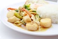 Stir Fried Tofu in Chinese Style,Deep Fried Tofu with Gravy Sauce ,Stir fried tofu with mixed vegetables in white plate on white Royalty Free Stock Photo