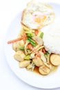 Stir Fried Tofu in Chinese Style,Deep Fried Tofu with Gravy Sauce ,Stir fried tofu with mixed vegetables in white plate on white Royalty Free Stock Photo