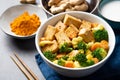 Stir fried tofu with vegetables and satay sauce