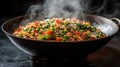 Stir-fried Vegetables, Wok, Steam, Dark Background Royalty Free Stock Photo