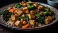 Stir fried vegetarian meal with tofu and broccoli generated by AI