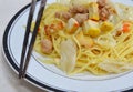 Stir-fried vegetarian noodle topping dice yellow tofu