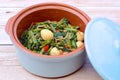 Stir fried Water Spinach or Kangkung with fried Anchovies and Quail eggs. One of the famous Indonesian cuisine.