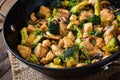 Stir fry chicken with broccoli and mushrooms.