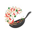 Stir fry. Cooking process vector illustration. Flipping Asian noodles in a pan.