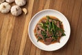 Stir fry flowering chinese chives with pork liver in white plate. Royalty Free Stock Photo