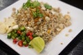 Stir fry minced pork with salted egg. Selective focus