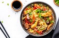 Stir fry noodles with chicken slices, red paprika, mushrooms, chives, soy sauce and sesame seeds in ceramic bowl. Asian cuisine Royalty Free Stock Photo