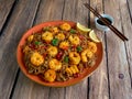 Stir fry noodles with fried shrimps, vegetables and soy sauce Royalty Free Stock Photo