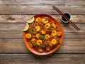 Stir fry noodles with fried shrimps, vegetables and soy sauce Royalty Free Stock Photo