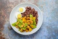 Stir Fry Snow Peas with pumpkin and chicken, served with brown rice and boiled egg Royalty Free Stock Photo