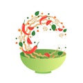 Stir fry vector illustration. Flipping Asian noodles with vegetables in a green bowl. Cartoon style