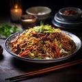 Stir fry yakisoba noodles with vegetables and beef in blue bowl with chopsticks on dark background. Delicious japanese food