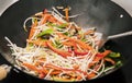 Stir frying vegetables in a wok