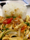 Stir Mixed Vegetables in Oyster Sauce With Chicken On Steamed Rice