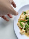 Stir vegetables with Tofu in chinese style with gravy Sauce and thai style omelet with rice in white plate on background. Vegetari