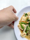 Stir vegetables with Tofu in chinese style with gravy Sauce and thai style omelet with rice in white plate on background. Vegetari