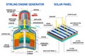 Stirling Engine Generator and Solar panel diagram. Vector. Device that receives energy from thermodynamic cycles, device