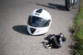 Stirling, Scotland - 15 August 2019: white helmet with motorbike in the background