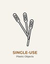 Stirrer single-use plastic cutlery. Vector illustration set of recycling plastic items. White food plastic stirrer flat logo for